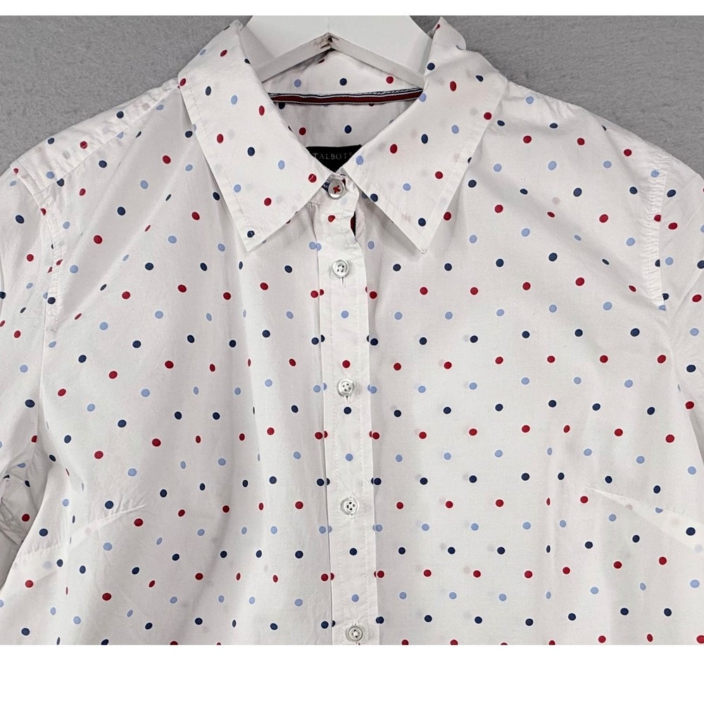Talbots Button Down Top Womens L White Red Blue Polka Dot Cotton Americana